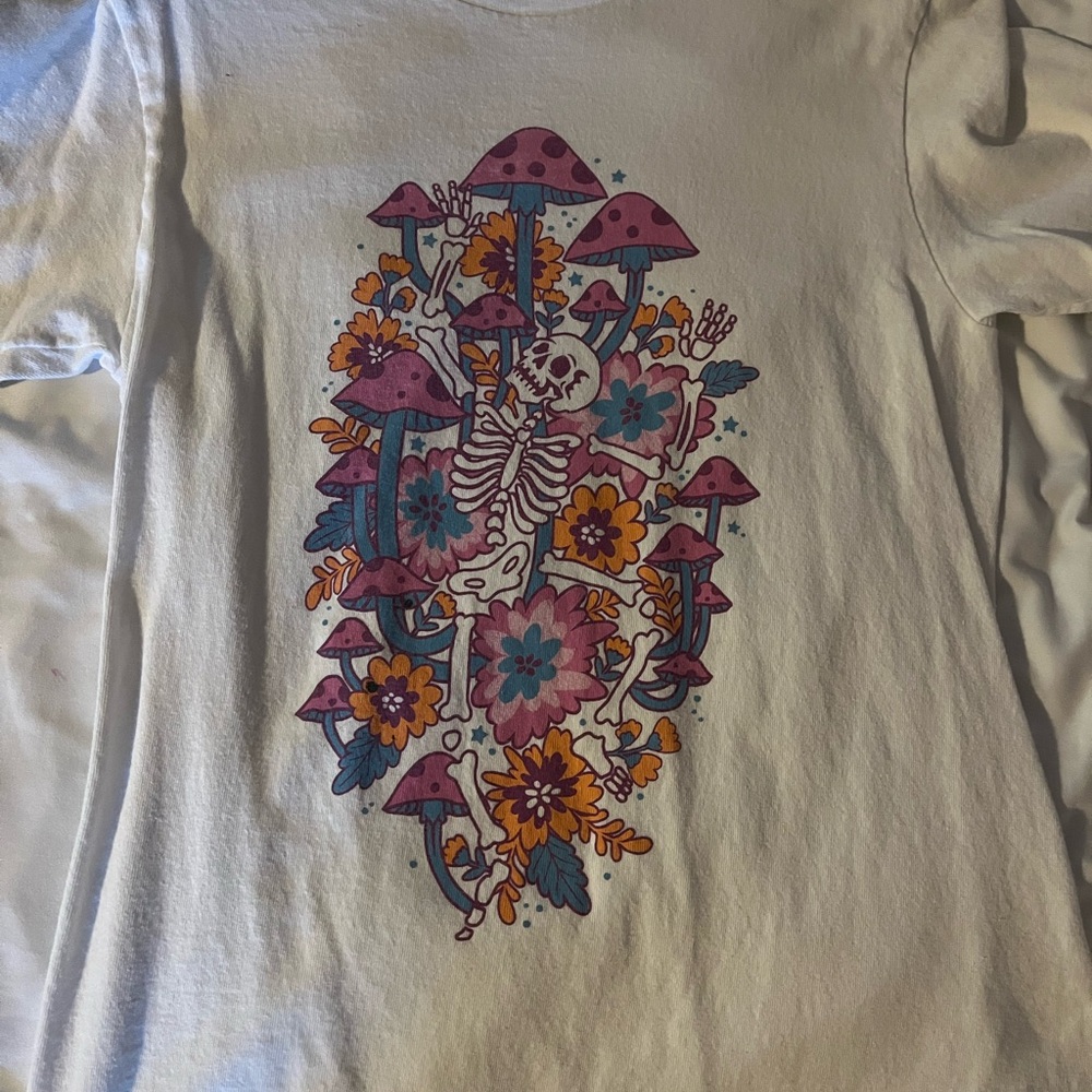Graphic Tee with Skeleton and Mushroom Design